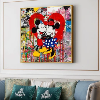 Disney Mickey ir Minnie Grafiti Meno Tapybos Drobės Gatvės Meilės Meno Plakatas ir Spausdinimo Sienos Nuotrauka už Kambarį Dekoro