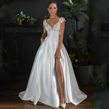 2022 Seksualus Blizgučiai Gėlių Spausdinti Rankovių Satin A-Line Wedding Suknelė Moterims Aukšto Ritininės Backless Cut-Out Vestido De Novia