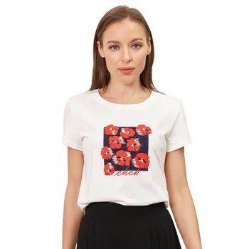 Nauji moteriški Marškinėliai 2023 Summer Tee Mados Siuvinėjimo Gėlių Trumpas Rankovės marškinėliai Atsitiktinis Moteris, T Marškiniai, Moterų Topai