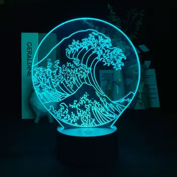 Garsaus Katsushika Hokusai Gražus Gamtovaizdis, Puikus Banga Off Kanagawa Fugaku Sanjurokkei Ukiyo-e 3D Naktį Šviesos Biuro Stalas, Lempa