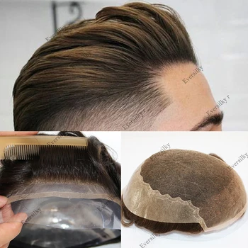 Kvėpuojantis K6 Toupee Nėriniai & PU Bazės Žmogaus Plaukų Sistema Vienetas Vyrų Perukas Vyrų Vidutinio Šviesūs, Juoda Patvarus Vyrų Plaukų Protezas
