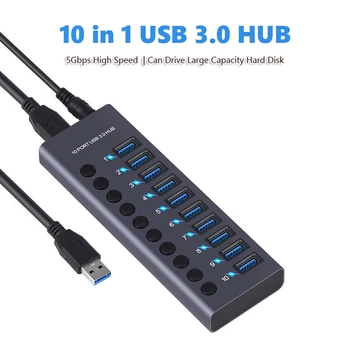 10 Uostą USB3.0 Hub Didelės Spartos USB Skirstytuvo su atskiras Jungiklis Paramos 5Gbps Duomenų USB Įkrovimo Stoties Kompiuterių Priedai