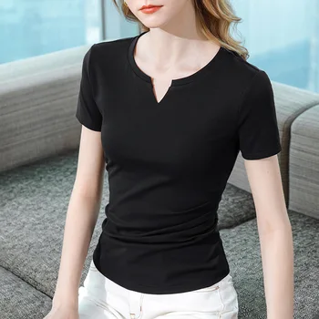 WT23 trumpomis rankovėmis T-shirt moterims, vasaros 2023 naujas moterų atidaryti v apvalios kaklo elastiniai medvilniniai marškinėliai paprasta vientisa spalva