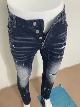 Pavasarį ir vasarą 2023 naujas mados vyrai plauti dėvėti pleistras dažų splash rašalo micro-kulka D2 džinsus tiesiai cilindrų blue jeans vyras