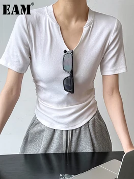 [EAM] Moterys Baltas Pilka Juodas Klostuotas Elegantiškas Plonas T-shirt Naujas V-Kaklo trumpomis Rankovėmis Mados Banga Pavasario Vasaros 2023 1DF9737