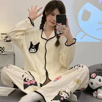 Sanrio Moterų Pižama Ilgomis Rankovėmis Megztinis Mielas Kuromi Anime Spausdinti Sleepwear Nustatyti Cinnamoroll V Kaklo Mergina Pijamas Laisvalaikio Homewear