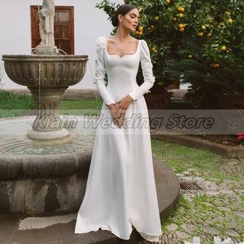 Vestuvinė Suknelė su ilgomis Rankovėmis Simole Suare Iškirpte 3D Gėlės, Vestuvinės Suknelės Linijos Jersey Užtrauktukas Atgal Moters Apdaras De Mariee