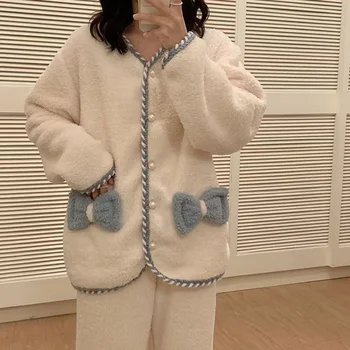 Žiemos Pajama Komplektai Moterų Flanelė Storio Pijamas V-Kaklo, Dviejų Dalių Komplektas Namų Kostiumai Homewear Ponios Koralų Aksomo Loungewear Pijamas